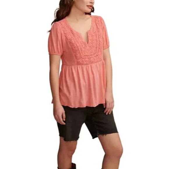 Lucky Brand Short Sleeve Crochet Babydoll Knit Top Pink Size XL MSRP $90 - Picture 1 of 3